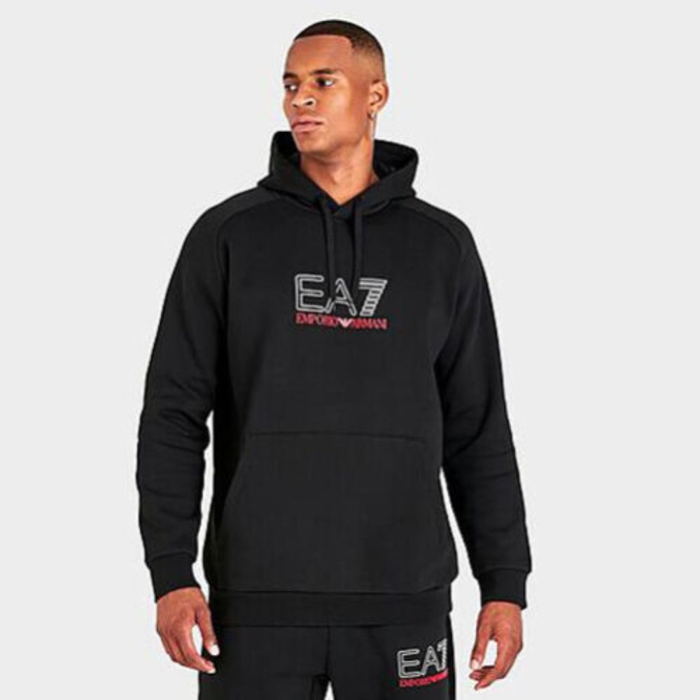 New Emporio Armani Men's EA7 Logo Series Pullover Hoodie in Black